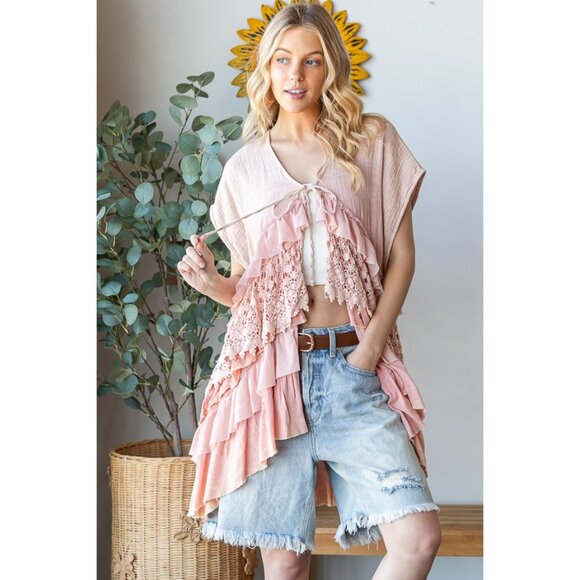 Oli & Hali Tops - Oli & Hali Washed Lace Tiered Tie Front Detail Sleeveless Top NEW Size Medium